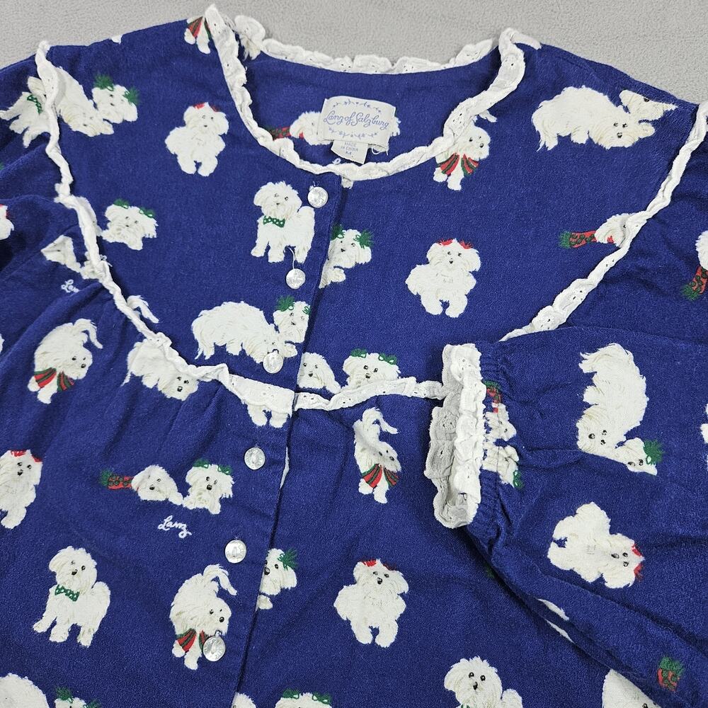 Lanz Salzburg‎ Puppy Love Flannel Nightgown Womens M Cotton Yorkie Navy Blue